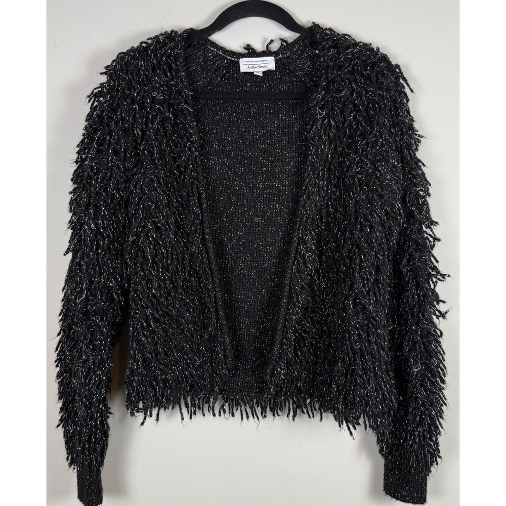 & Other Stories Black Shaggy Knit Cardigan‎ Sweater Metallic Fringe XS